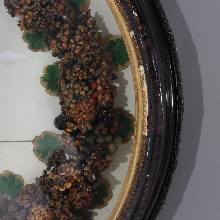 Antique Victorian Shadow Box Wall Hanging With Wax Wreath C1900