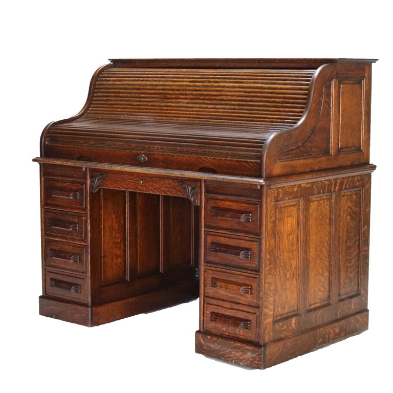 Antique Arts & Crafts Oak Raised Panel S-Roll Top Desk with Full Interior C1900