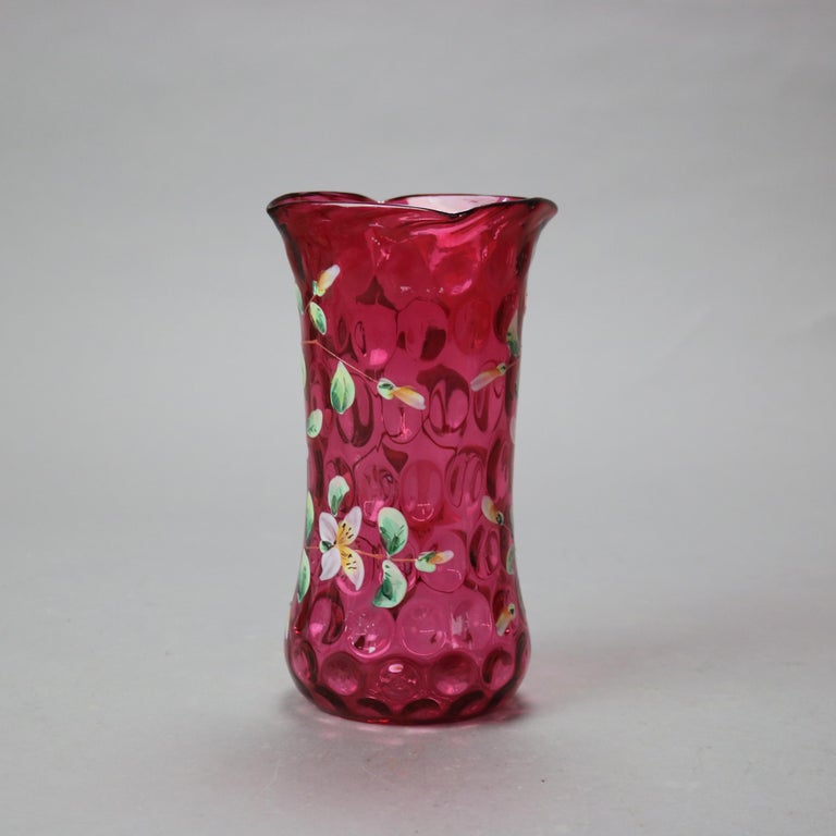 Antique Mt Washington Style Hand Enameled Floral Cranberry Coin Spot Vase c1900