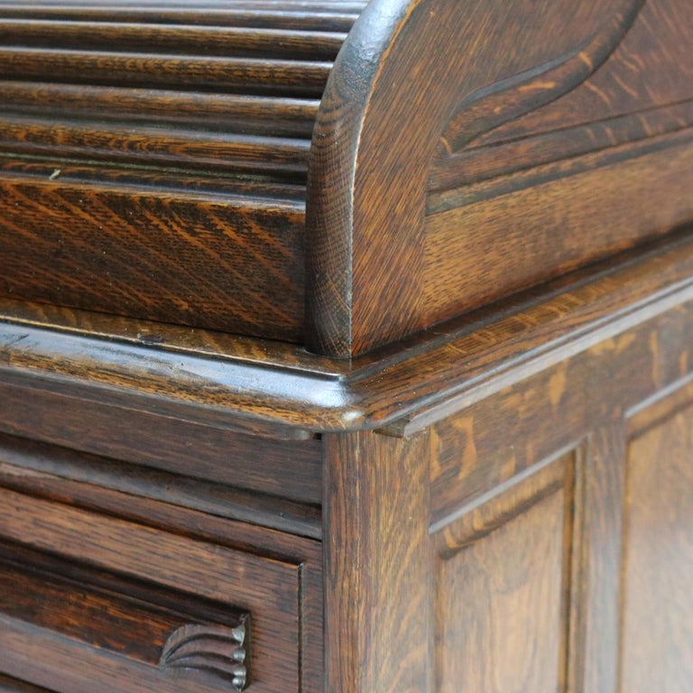 Antique Arts & Crafts Oak Raised Panel S-Roll Top Desk with Full Interior C1900