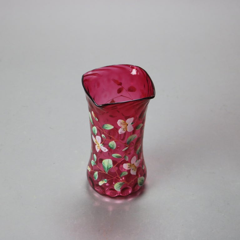 Antique Mt Washington Style Hand Enameled Floral Cranberry Coin Spot Vase c1900