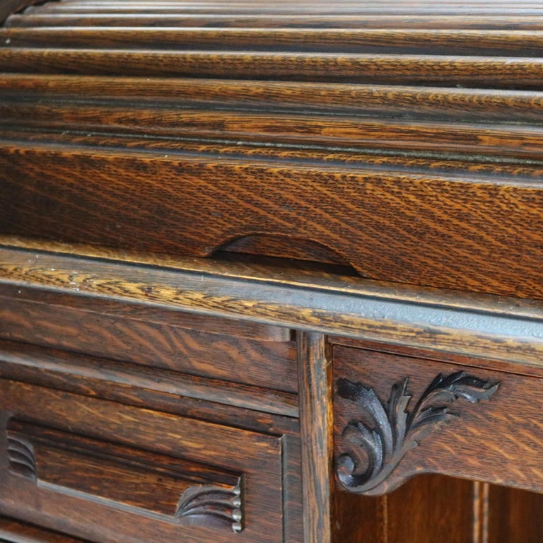 Antique Arts & Crafts Oak Raised Panel S-Roll Top Desk with Full Interior C1900