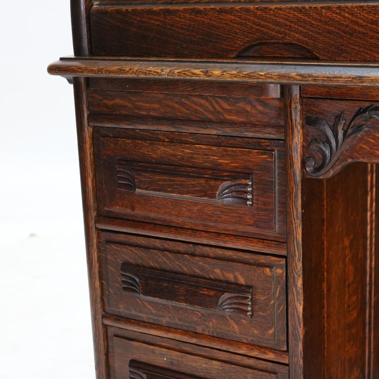 Antique Arts & Crafts Oak Raised Panel S-Roll Top Desk with Full Interior C1900