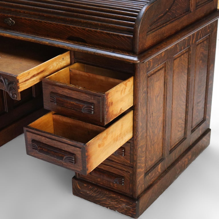 Antique Arts & Crafts Oak Raised Panel S-Roll Top Desk with Full Interior C1900