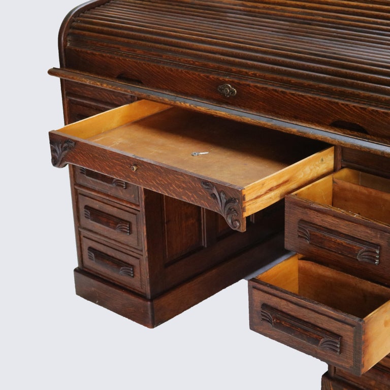 Antique Arts & Crafts Oak Raised Panel S-Roll Top Desk with Full Interior C1900