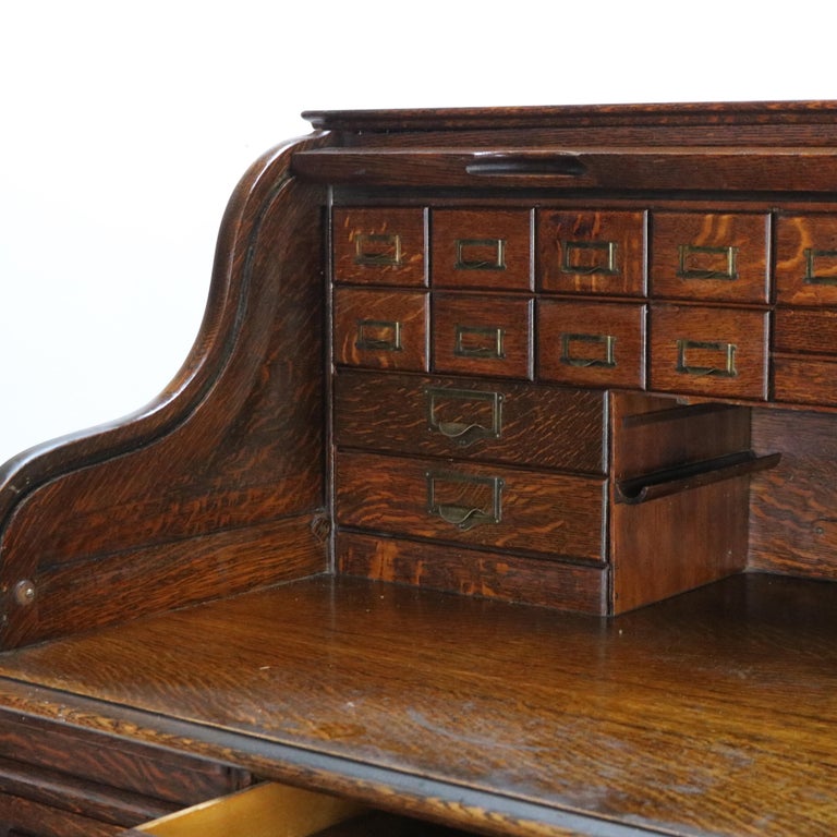 Antique Arts & Crafts Oak Raised Panel S-Roll Top Desk with Full Interior C1900