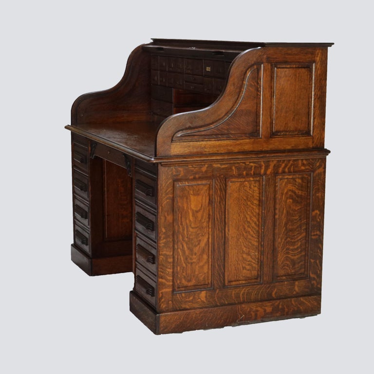 Antique Arts & Crafts Oak Raised Panel S-Roll Top Desk with Full Interior C1900