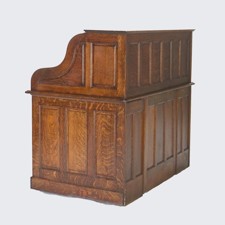 Antique Arts & Crafts Oak Raised Panel S-Roll Top Desk with Full Interior C1900
