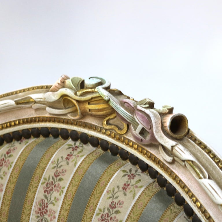 Pair Vintage French Louis XVI Style Polychromed & Upholstered Arm Chairs C1940