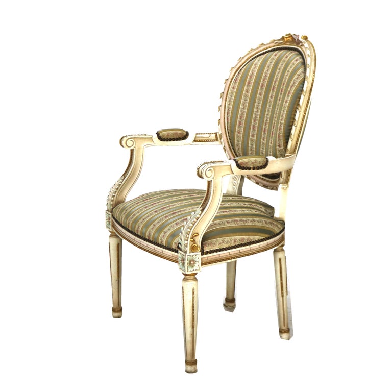 Pair Vintage French Louis XVI Style Polychromed & Upholstered Arm Chairs C1940