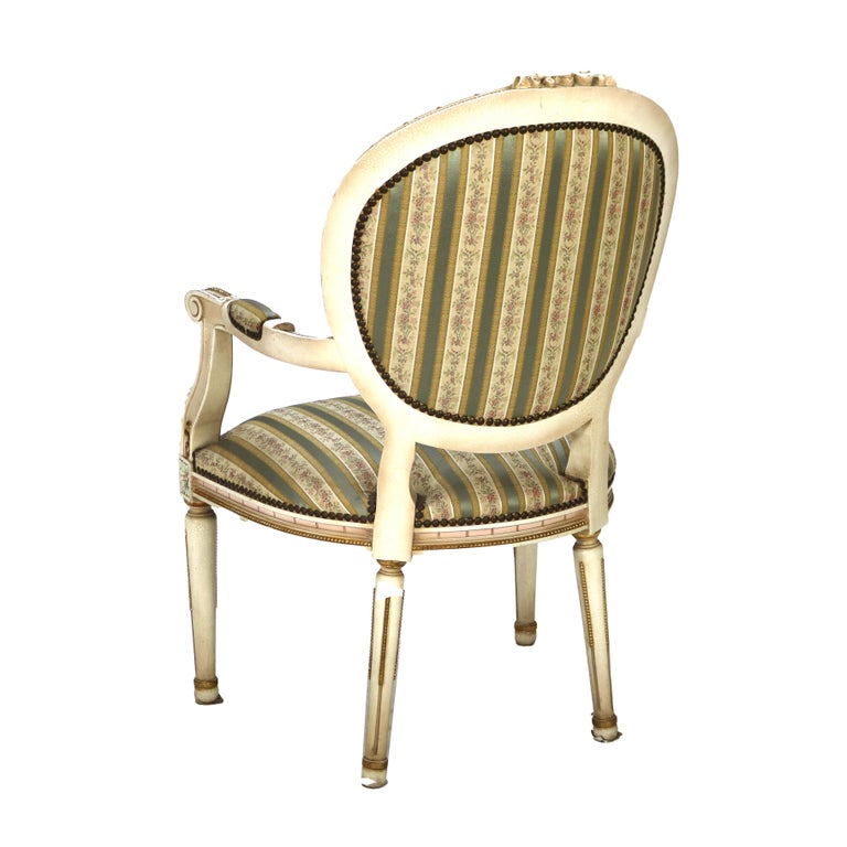 Pair Vintage French Louis XVI Style Polychromed & Upholstered Arm Chairs C1940