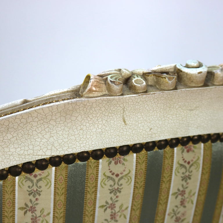 Pair Vintage French Louis XVI Style Polychromed & Upholstered Arm Chairs C1940