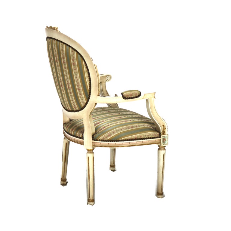 Pair Vintage French Louis XVI Style Polychromed & Upholstered Arm Chairs C1940