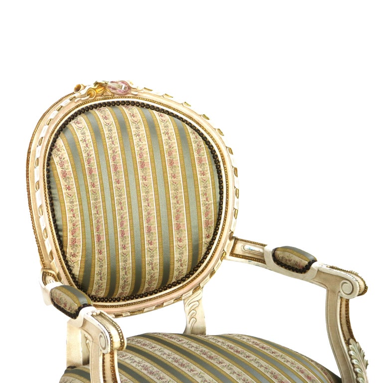 Pair Vintage French Louis XVI Style Polychromed & Upholstered Arm Chairs C1940