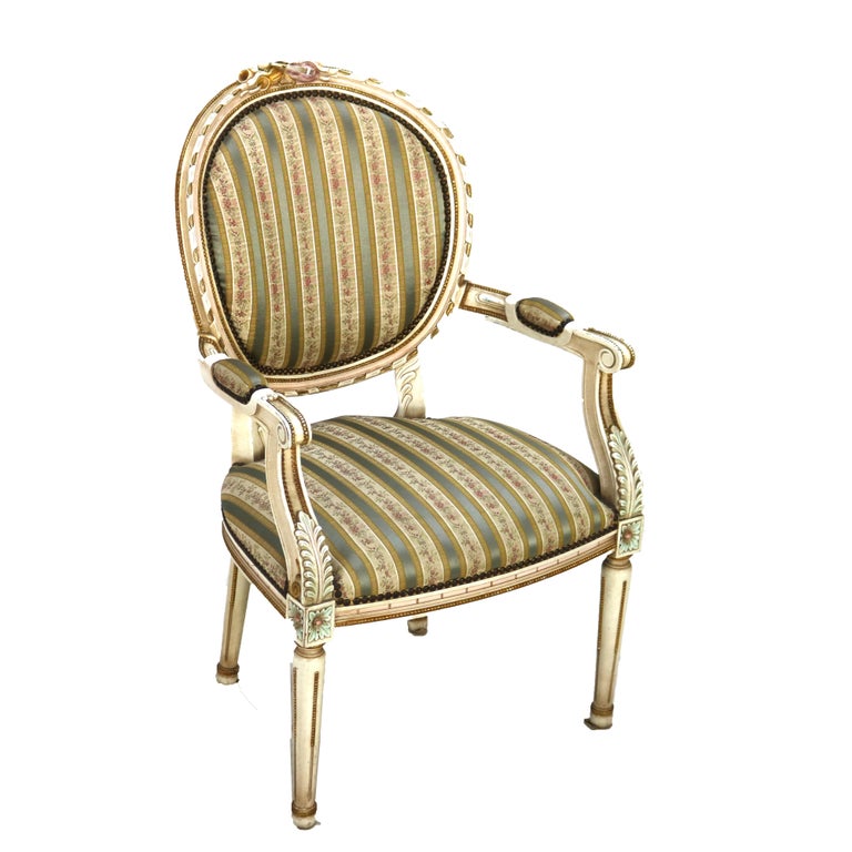 Pair Vintage French Louis XVI Style Polychromed & Upholstered Arm Chairs C1940