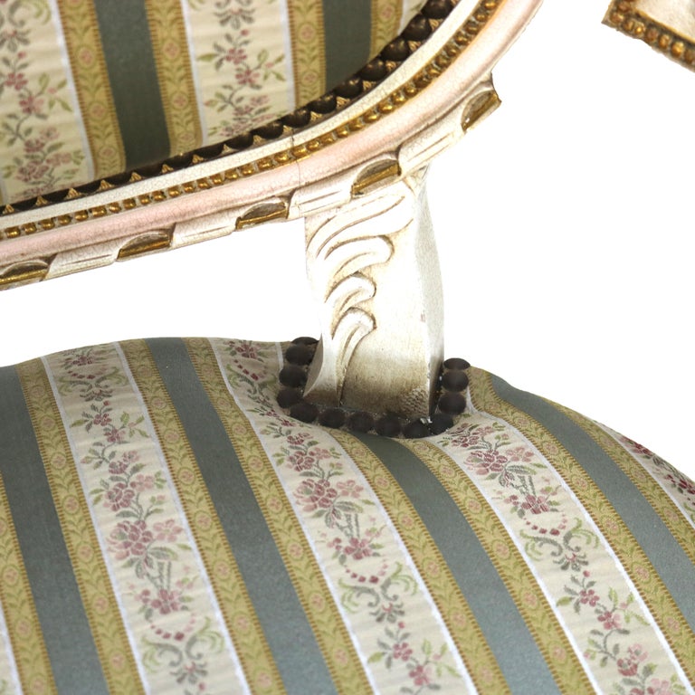 Pair Vintage French Louis XVI Style Polychromed & Upholstered Arm Chairs C1940
