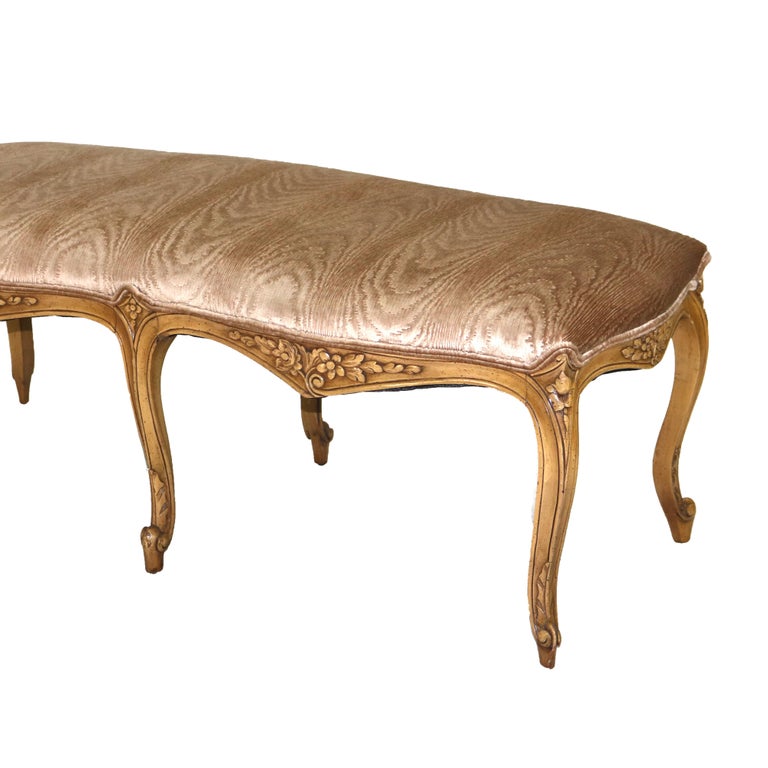 Vintage French Louis XV Style Floral Carved in Relief Maple Long Bench C1940