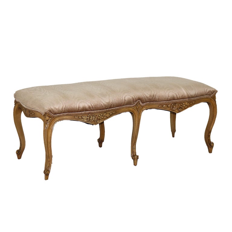 Vintage French Louis XV Style Floral Carved in Relief Maple Long Bench C1940