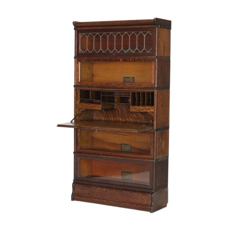 Globe Wernicke Mission Oak Barrister Bookcase Secretary with Leaded Glass c1920