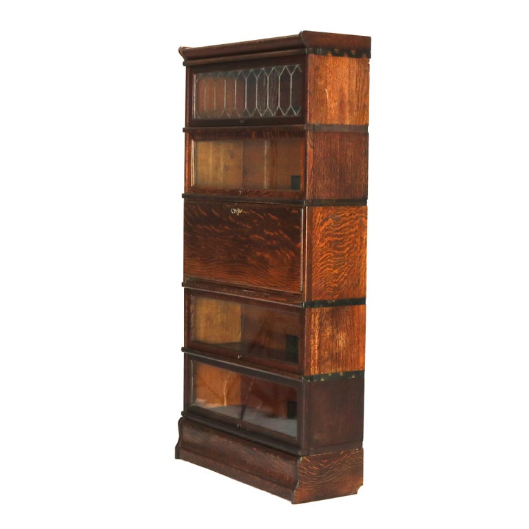 Globe Wernicke Mission Oak Barrister Bookcase Secretary with Leaded Glass c1920