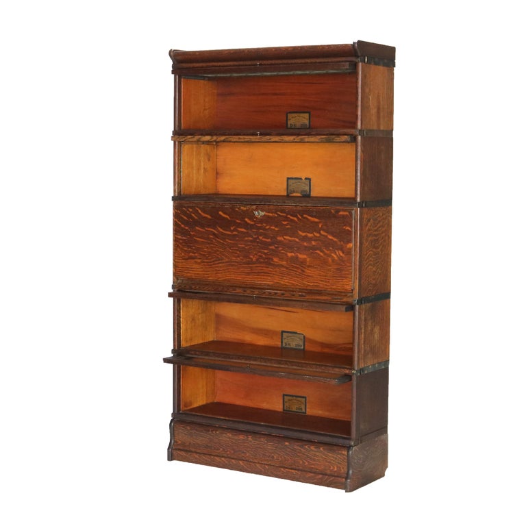 Globe Wernicke Mission Oak Barrister Bookcase Secretary with Leaded Glass c1920