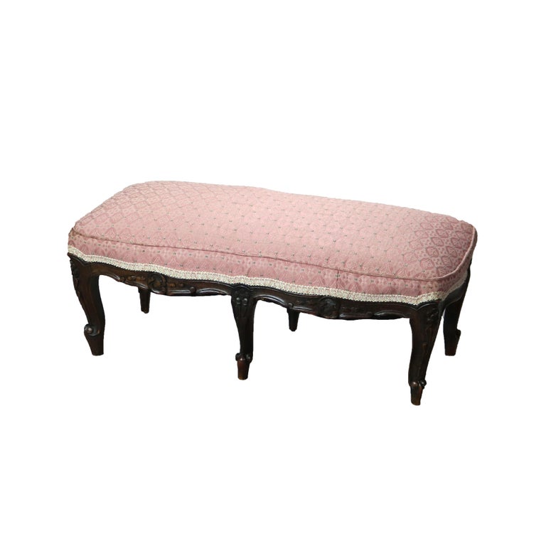 Antique French Louis XV Carved Walnut & Upholstered Stool 19thC