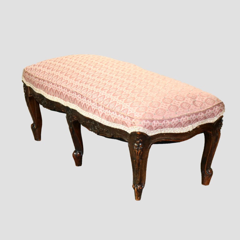 Antique French Louis XV Carved Walnut & Upholstered Stool 19thC
