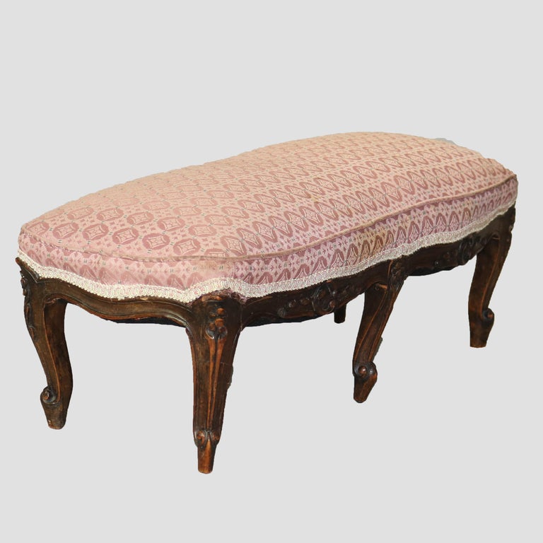 Antique French Louis XV Carved Walnut & Upholstered Stool 19thC