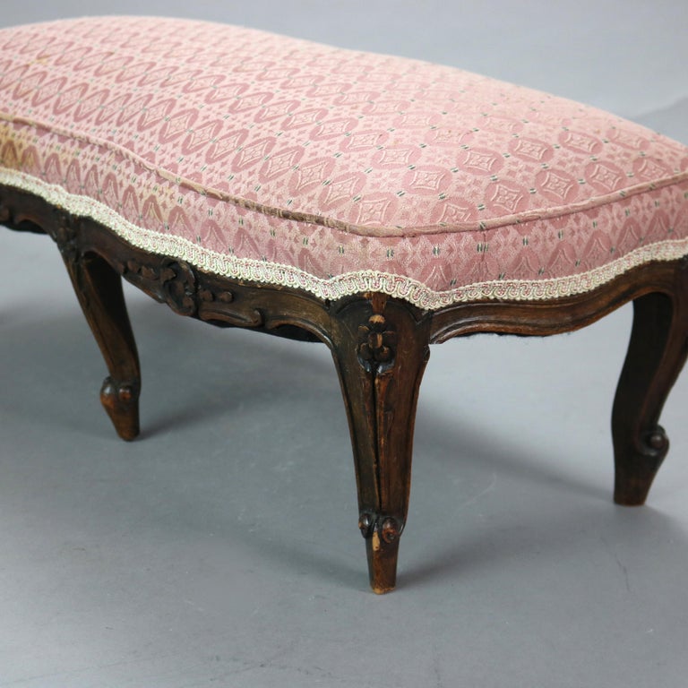 Antique French Louis XV Carved Walnut & Upholstered Stool 19thC