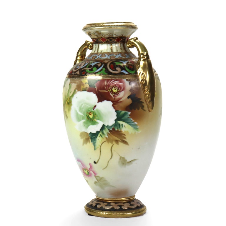 Antique Nippon Hand Painted Floral Porcelain Vase Signed C1920