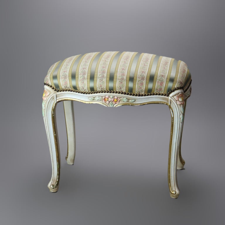 Vintage French Louis XIV Style Polychromed & Upholstered Bench C1940