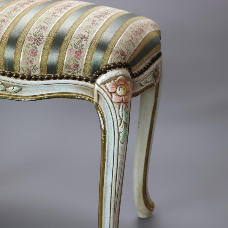 Vintage French Louis XIV Style Polychromed & Upholstered Bench C1940