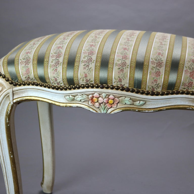 Vintage French Louis XIV Style Polychromed & Upholstered Bench C1940