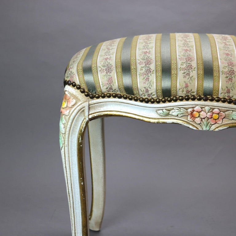 Vintage French Louis XIV Style Polychromed & Upholstered Bench C1940