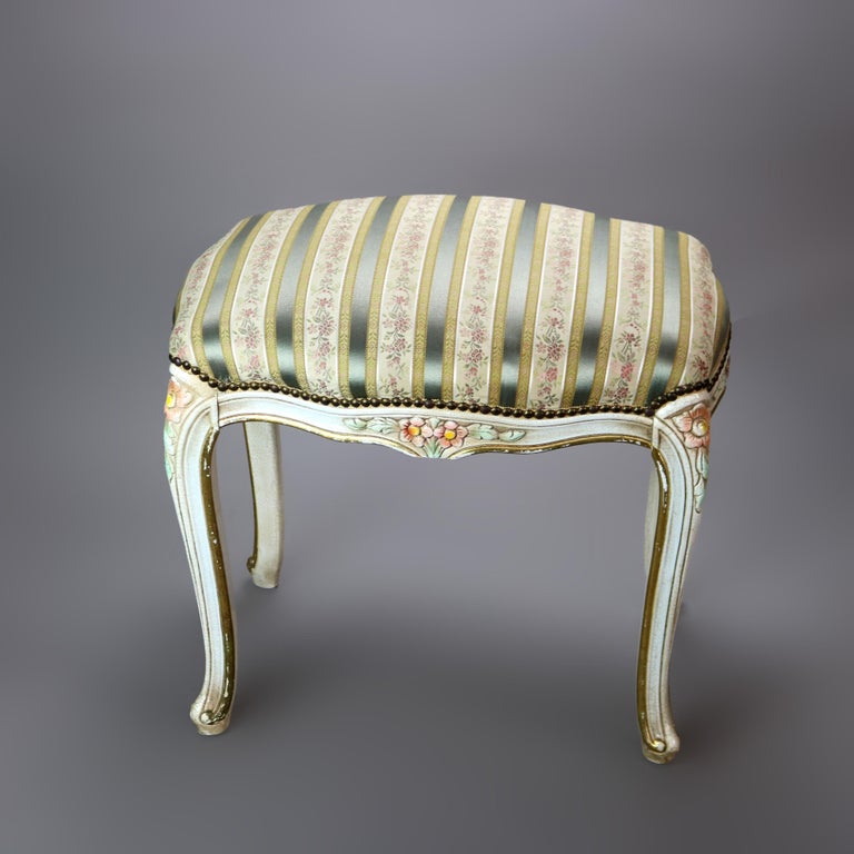 Vintage French Louis XIV Style Polychromed & Upholstered Bench C1940