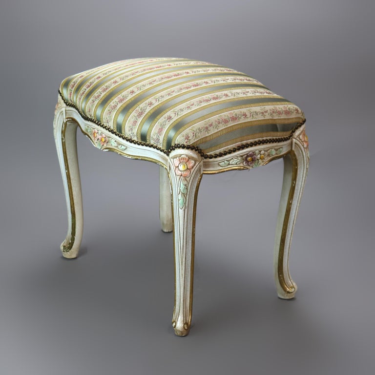 Vintage French Louis XIV Style Polychromed & Upholstered Bench C1940