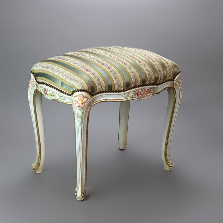 Vintage French Louis XIV Style Polychromed & Upholstered Bench C1940