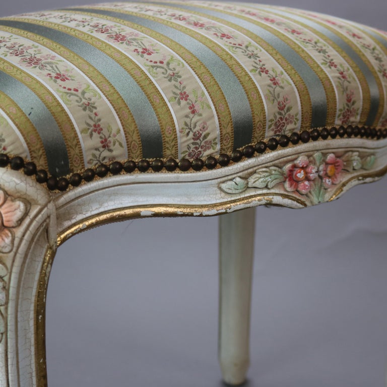 Vintage French Louis XIV Style Polychromed & Upholstered Bench C1940