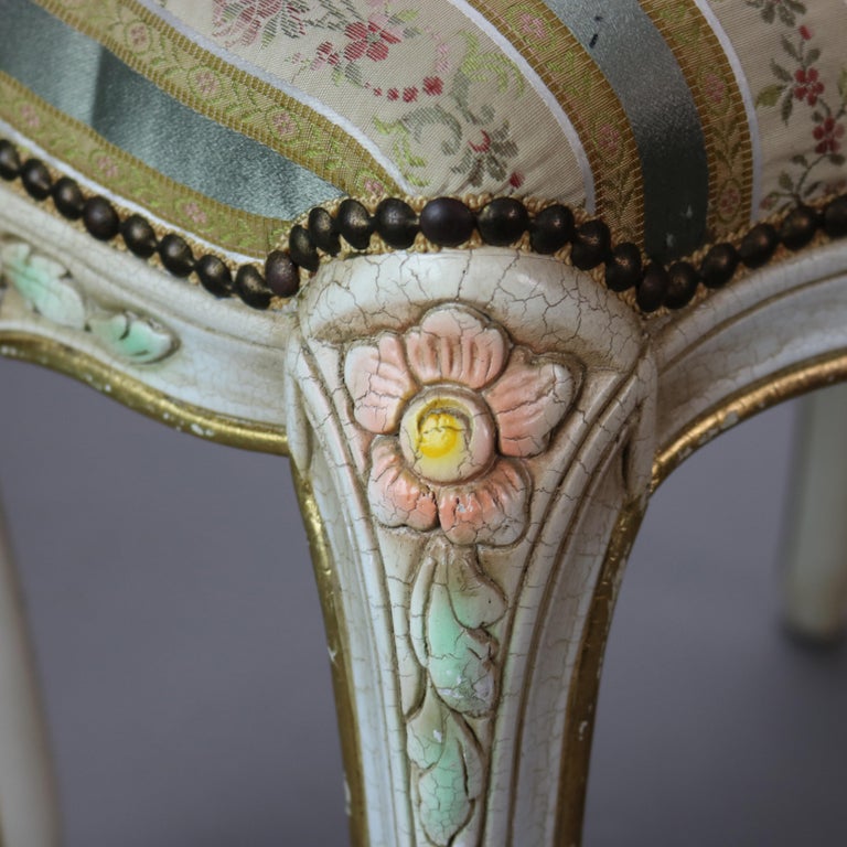 Vintage French Louis XIV Style Polychromed & Upholstered Bench C1940