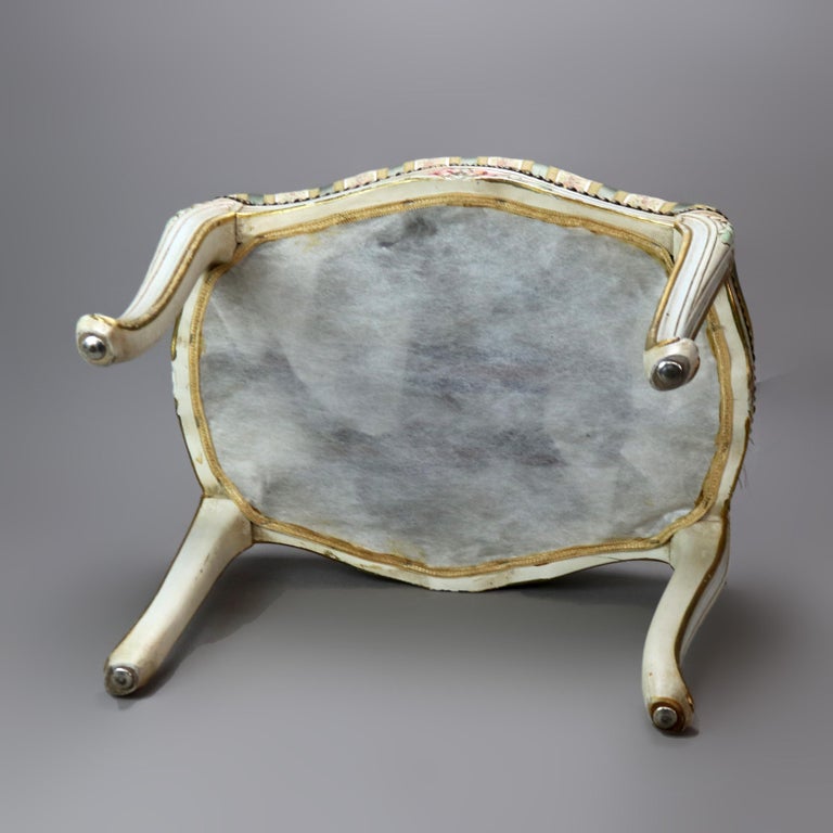 Vintage French Louis XIV Style Polychromed & Upholstered Bench C1940