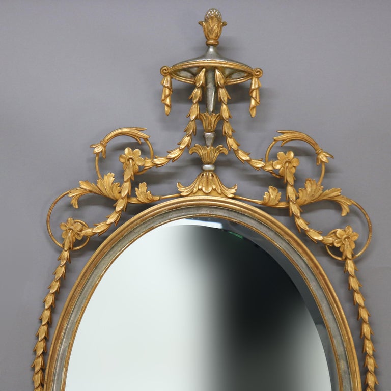 Antique Oversized French Giltwood Wall Mirror with Silver Embellishments