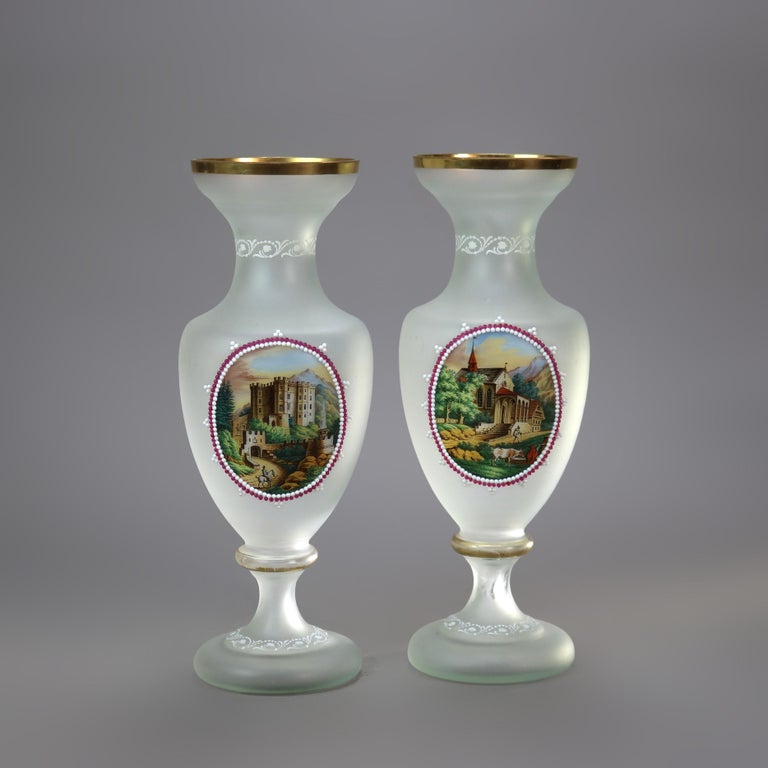 Pair of Antique Scenic Hand Painted Glass Clamshell Vases C1890