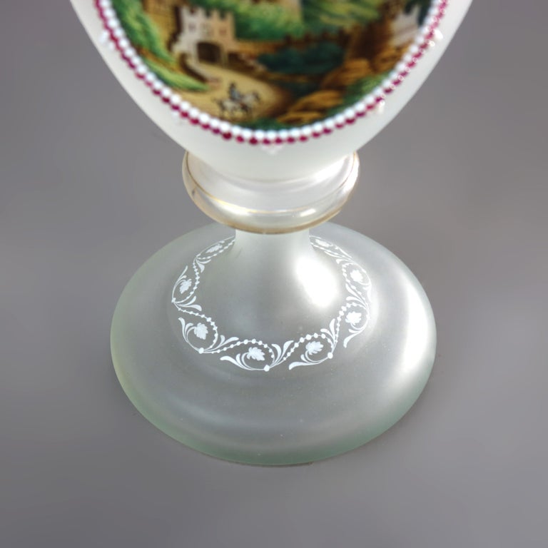 Pair of Antique Scenic Hand Painted Glass Clamshell Vases C1890