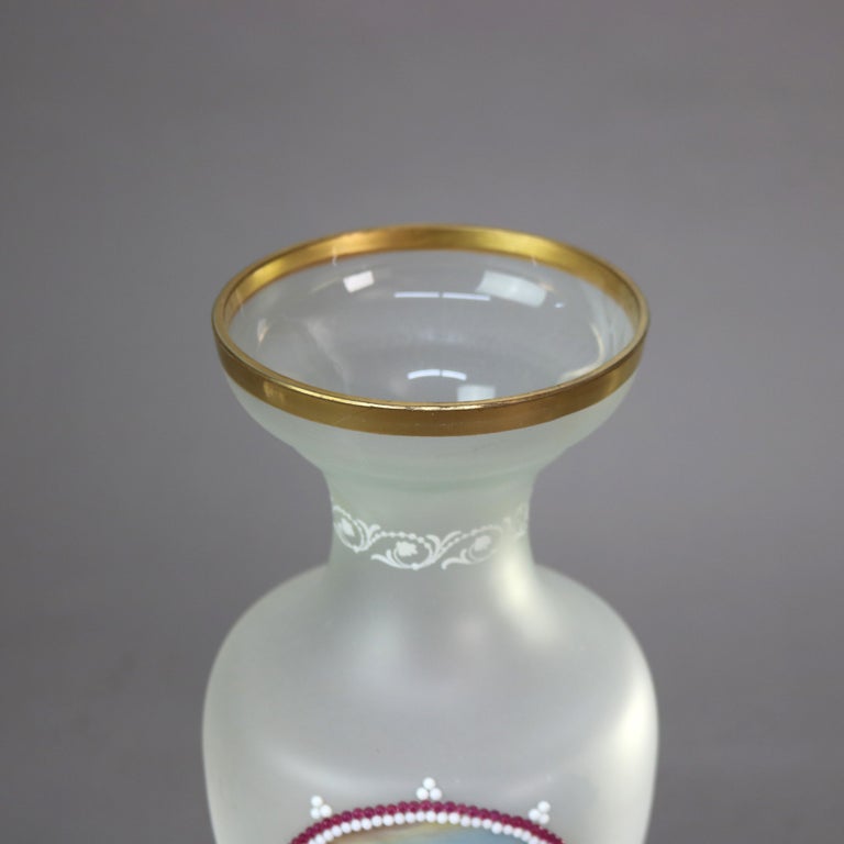 Pair of Antique Scenic Hand Painted Glass Clamshell Vases C1890