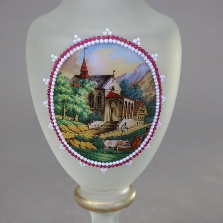 Pair of Antique Scenic Hand Painted Glass Clamshell Vases C1890
