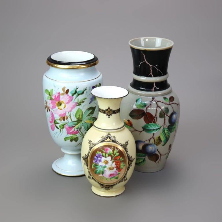 Three Antique Floral Hand Painted & Gilt Vases C1890