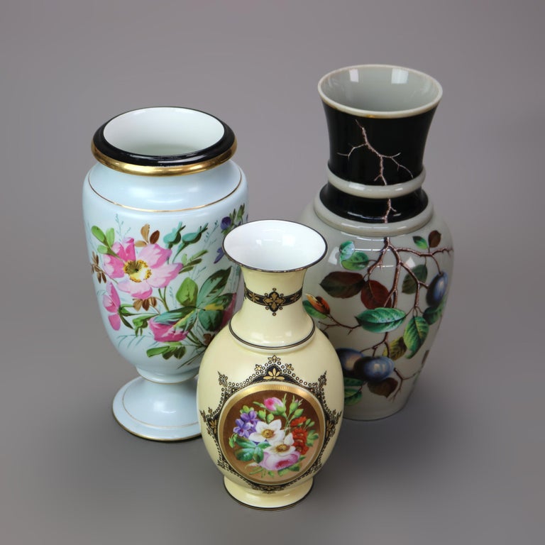 Three Antique Floral Hand Painted & Gilt Vases C1890