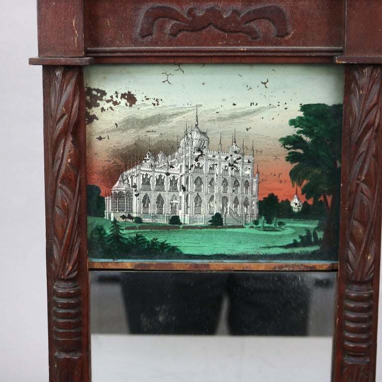 Antique Federal Mirror with Hand Painted Eglomise Panel with Palace Scene C1850