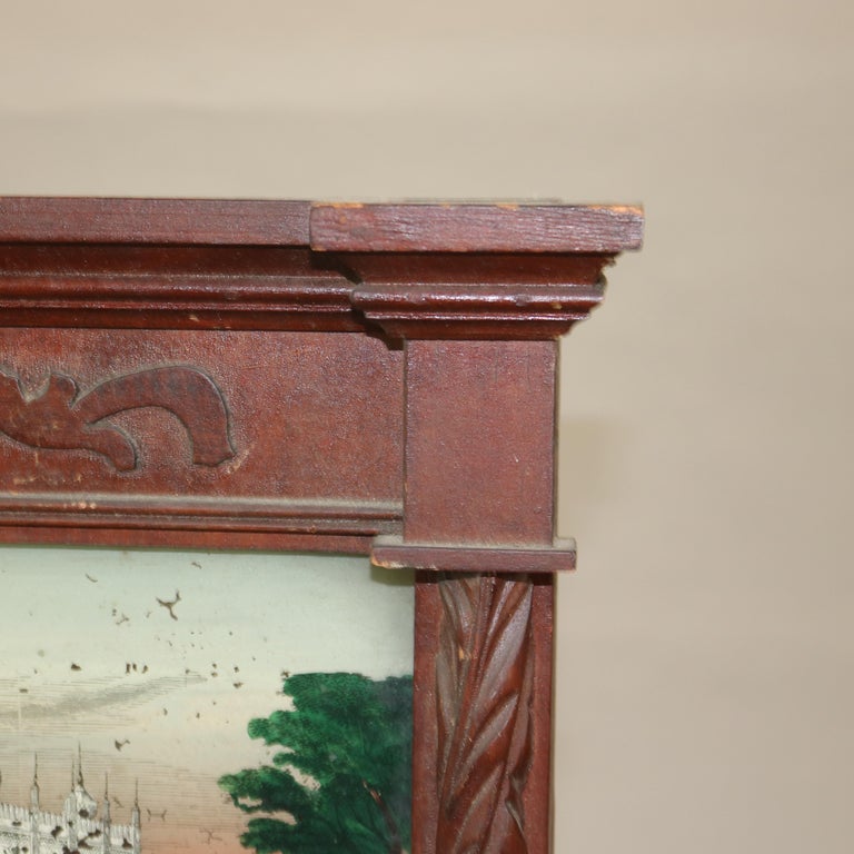 Antique Federal Mirror with Hand Painted Eglomise Panel with Palace Scene C1850