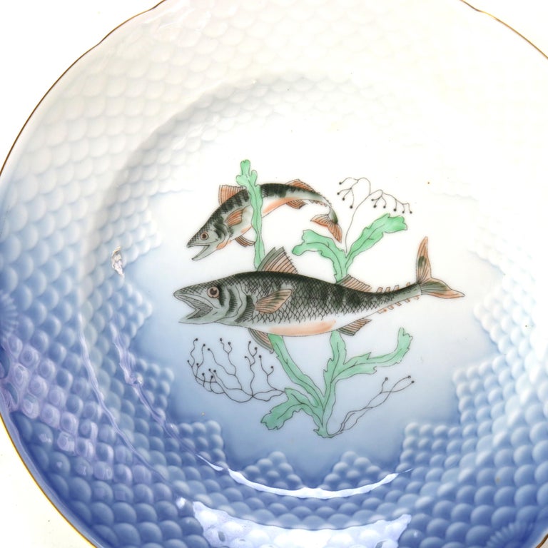Six Pieces Antique Bing & Grondahl Porcelain Plates with Fish Pattern C1920